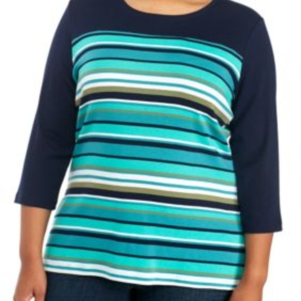 Kim Rogers 3/4 Crew Neck Cross Stripe Blouse EUC sz 1X